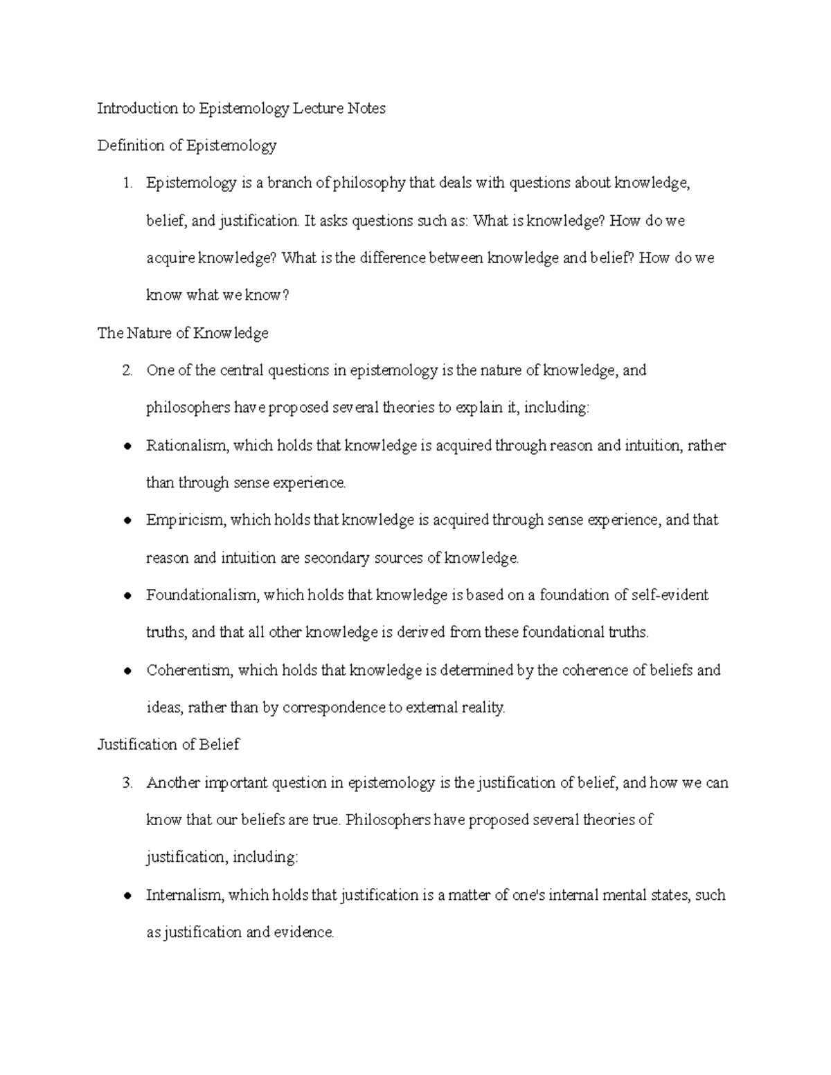 Philosophy 5 - Introduction to Epistemology Lecture Notes Definition of ...