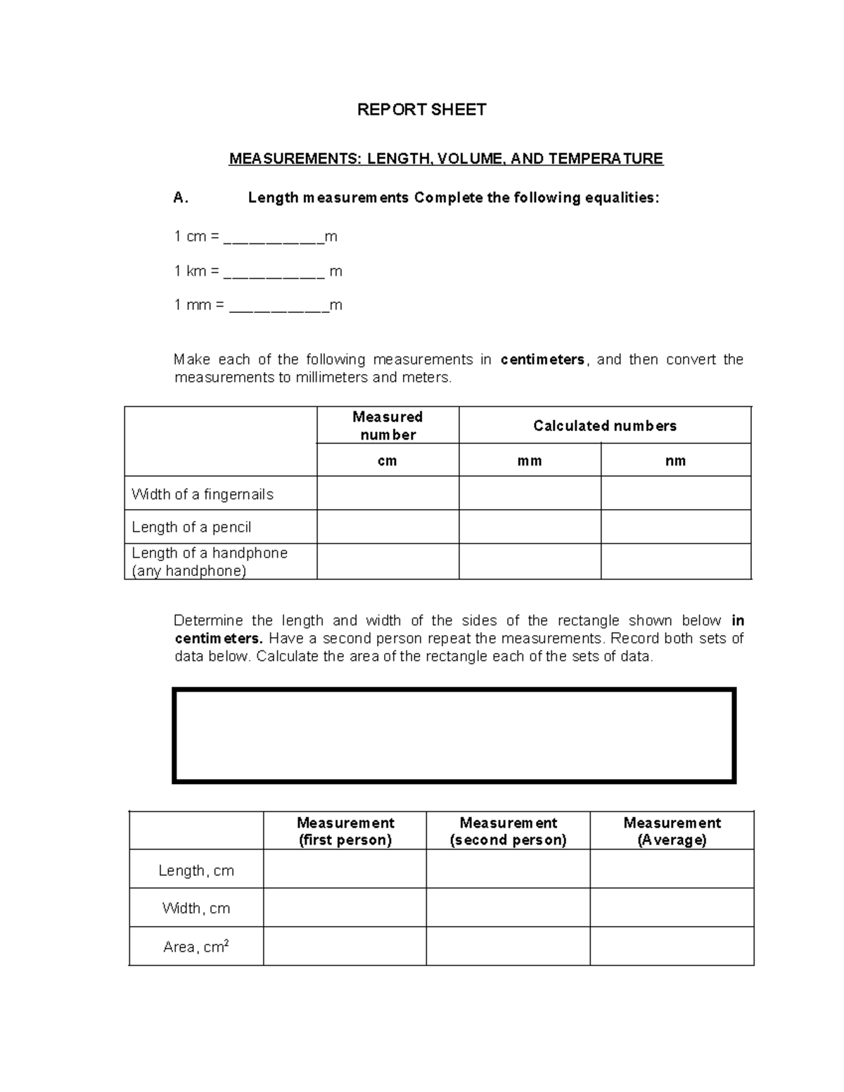 Report sheet and questions report sheet measurements length volume