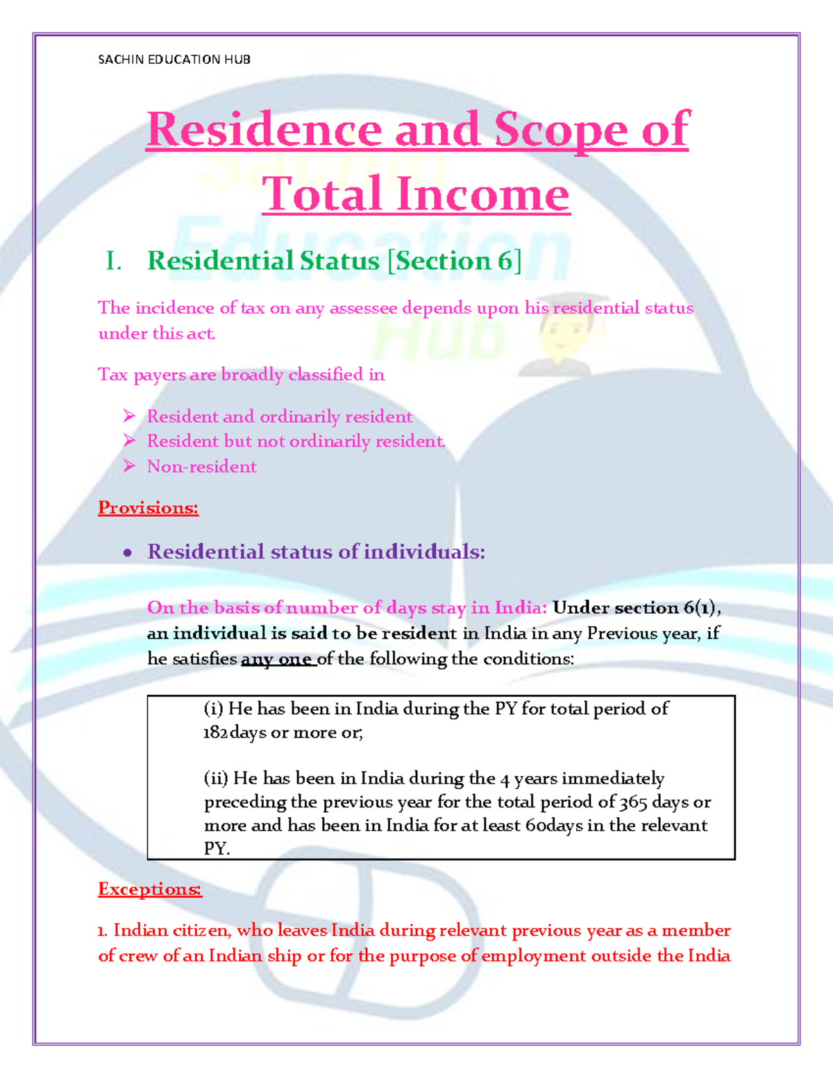 Residential Status 2022 Notes BY Sachin Arora [SEH] - Residence and ...