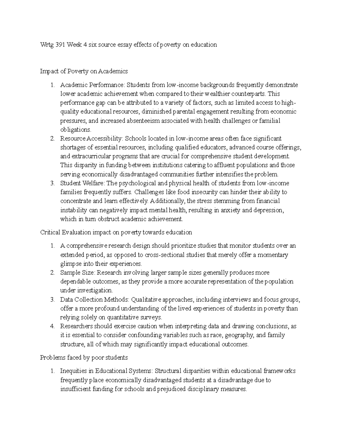 6 source essay - Effects of poverty on education - Wrtg 391 Week 4 six ...