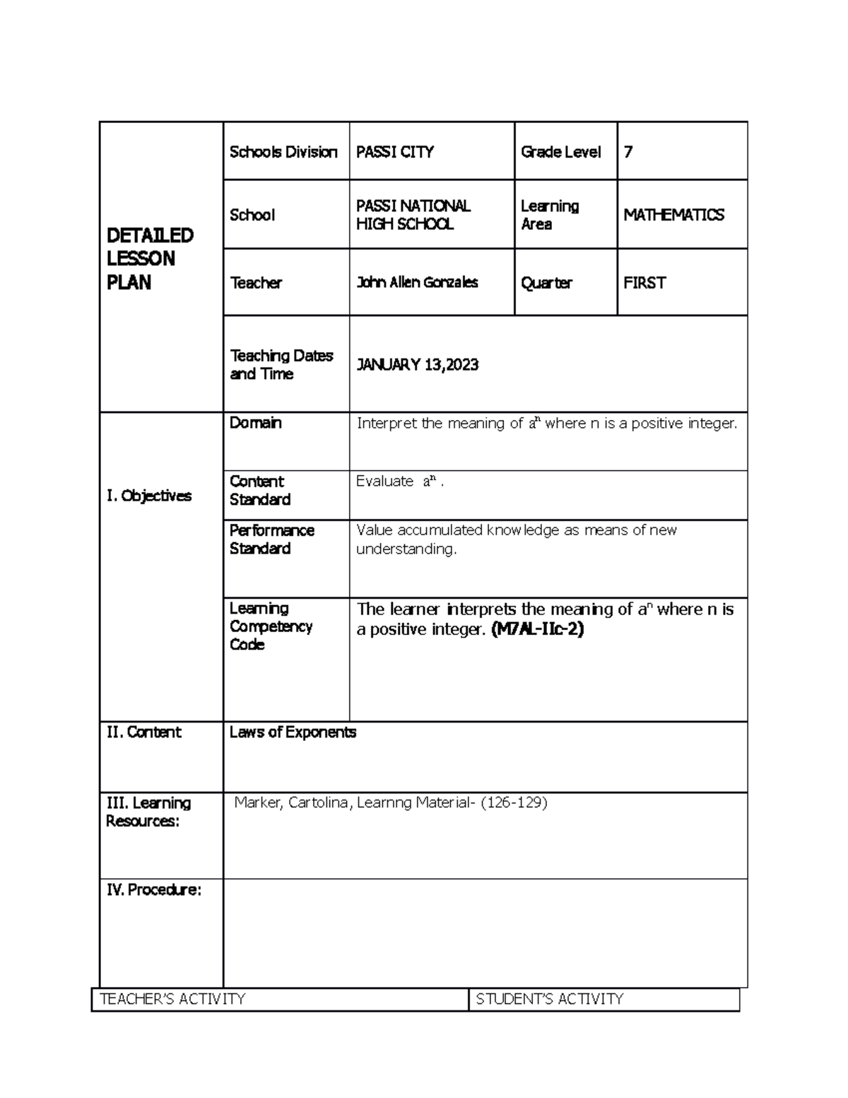 Allen Final Lesson PLAN - DETAILED LESSON PLAN Schools Division PASSI ...