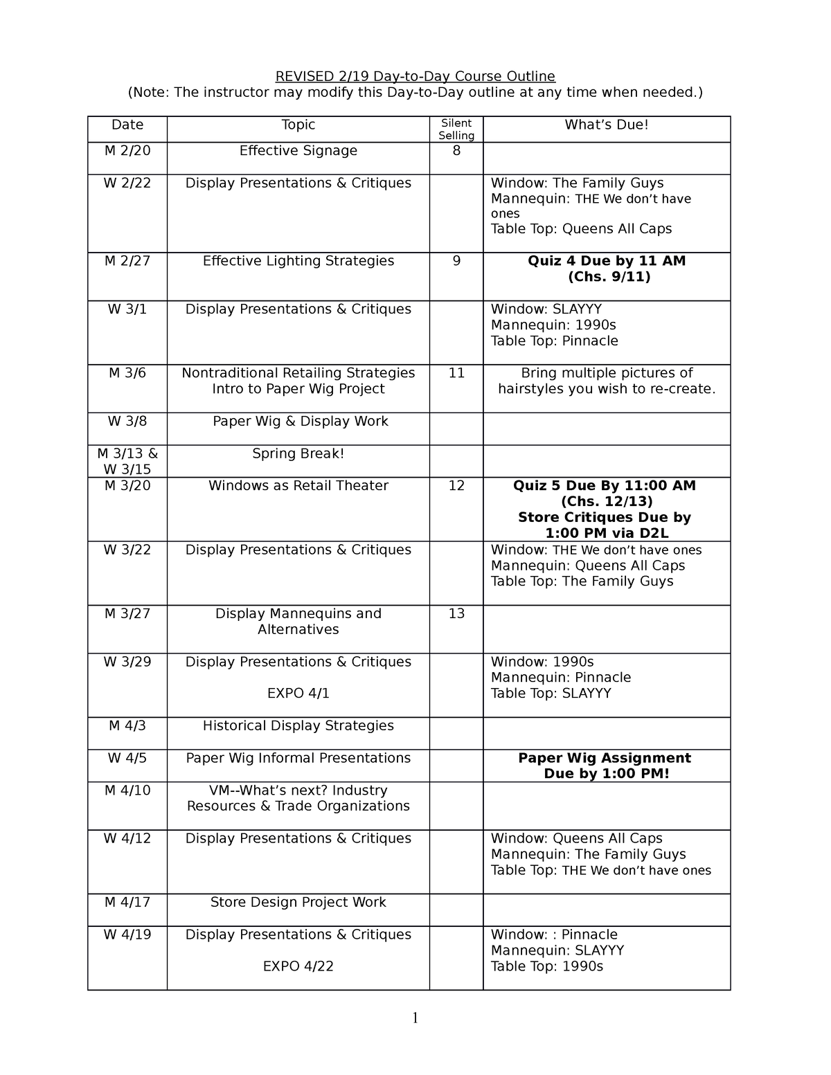 FASH 303 Revised Course Outline 2-19 - REVISED 2/19 Day-to-Day Course ...