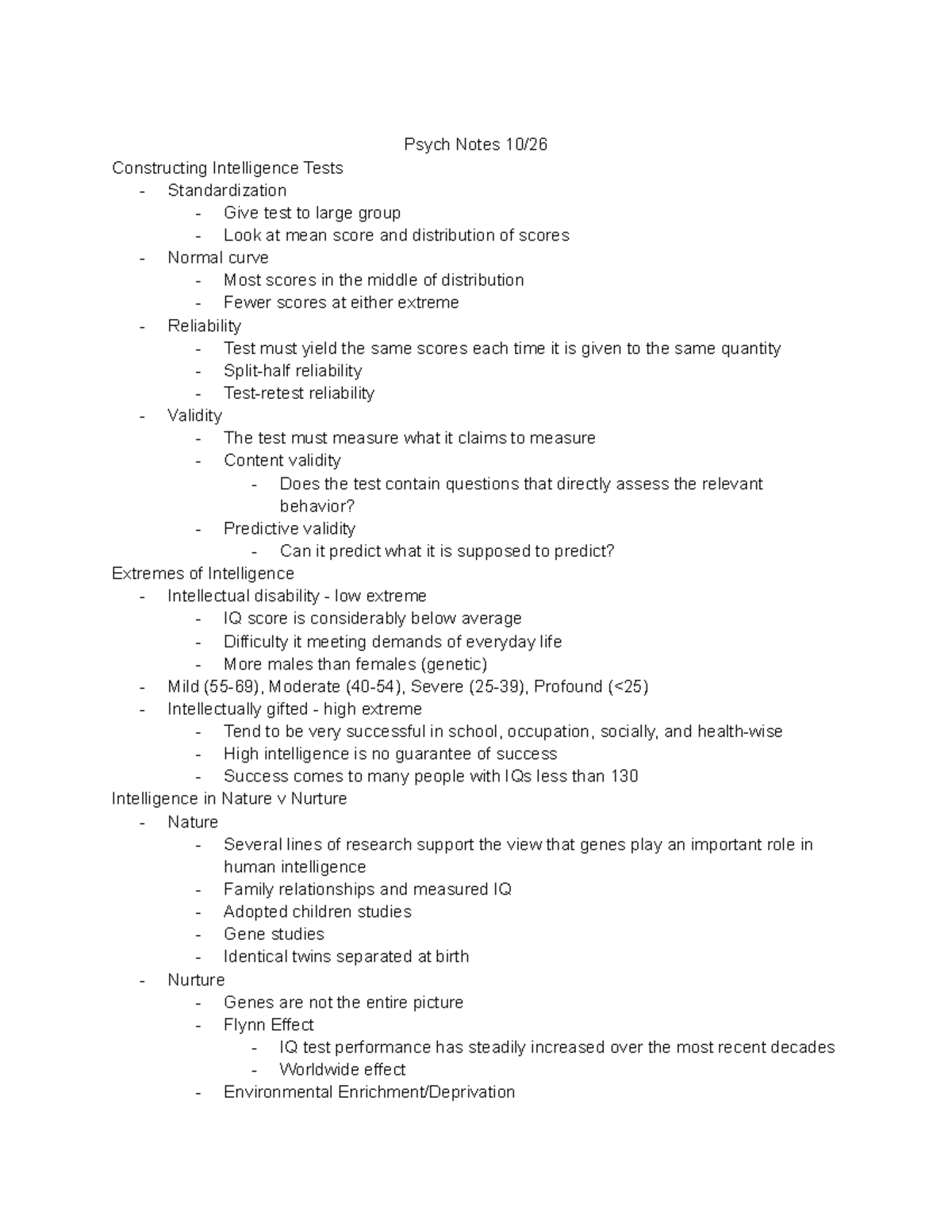 Psych Notes 10/26 - Psych Notes 10/ Constructing Intelligence Tests ...