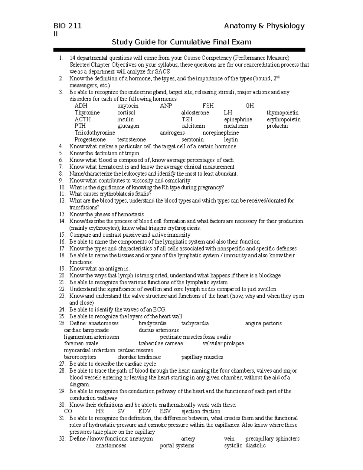 Bio211 Final Study Guide - BIO 211 Anatomy & Physiology II Study Guide ...