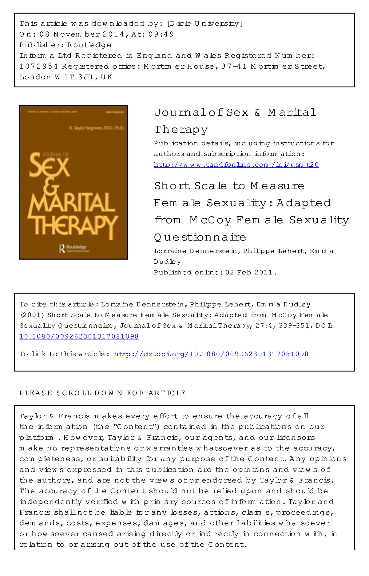 Short Scale to Measure Female Sexuality: Adapted from McCoy Female Sexuality  Questionnaire - Studocu