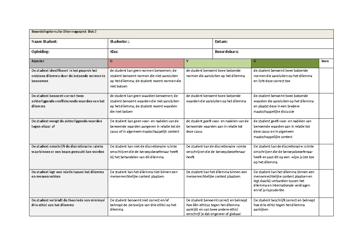 Beoordelingsformulier Dilemmagesprek Blok 3 2023-2024 Defi ...