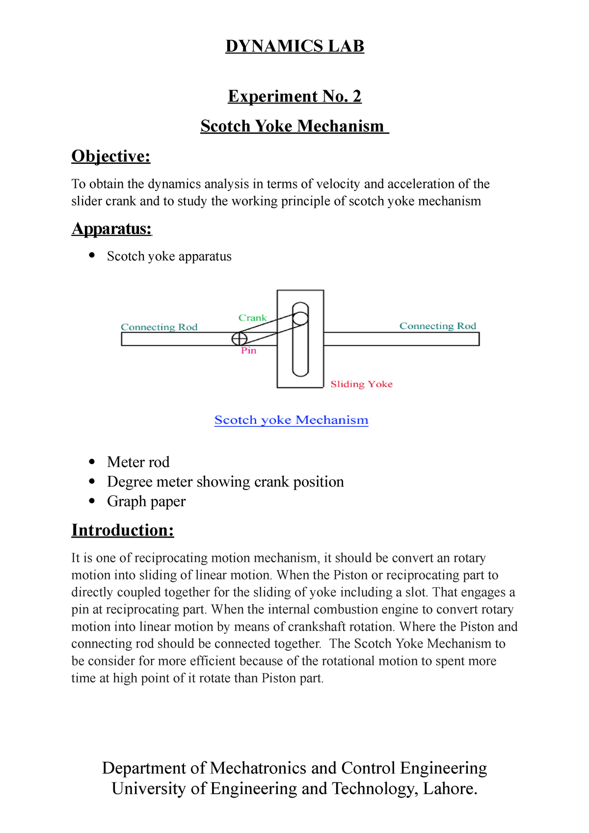 Soctch yoke dynamics lab experiments DYNAMICS LAB Experiment No. 2