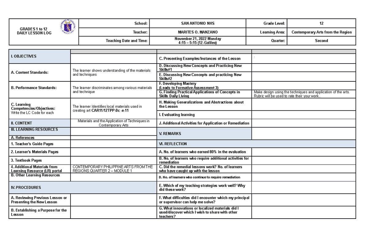 Week 3 Contemporary Arts - GRADES 1 to 12 DAILY LESSON LOG Teacher ...