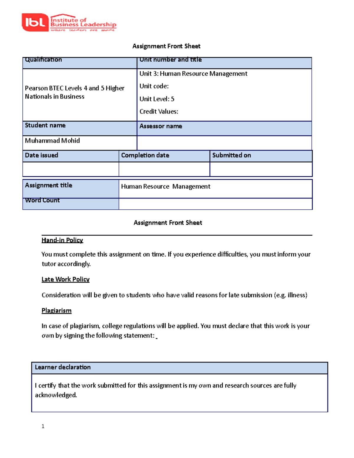 Unit 3 HRM Assignment Front Sheet Qualification Unit number and title