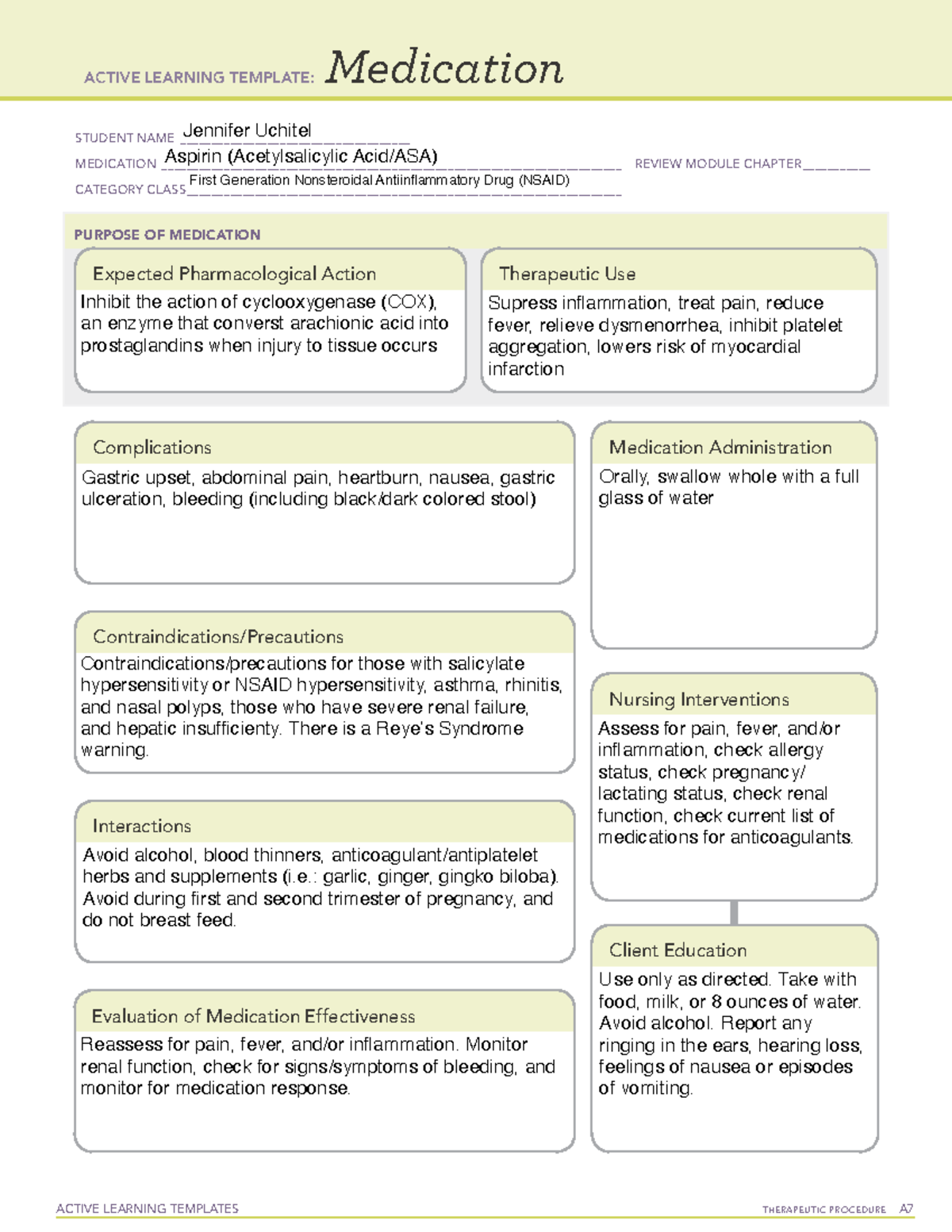 Aspirin - med sheet - ACTIVE LEARNING TEMPLATES THERAPEUTIC PROCEDURE A ...