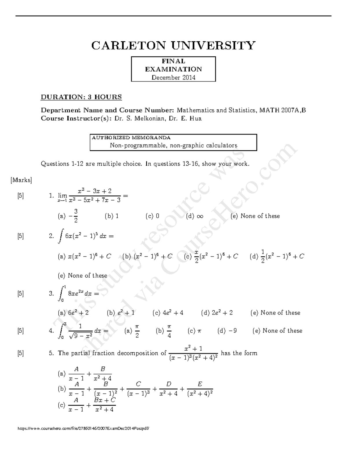 Math 2007 past Exam 2014 - CARLETON UNIVERSITY FINAL EXAMINATION ...