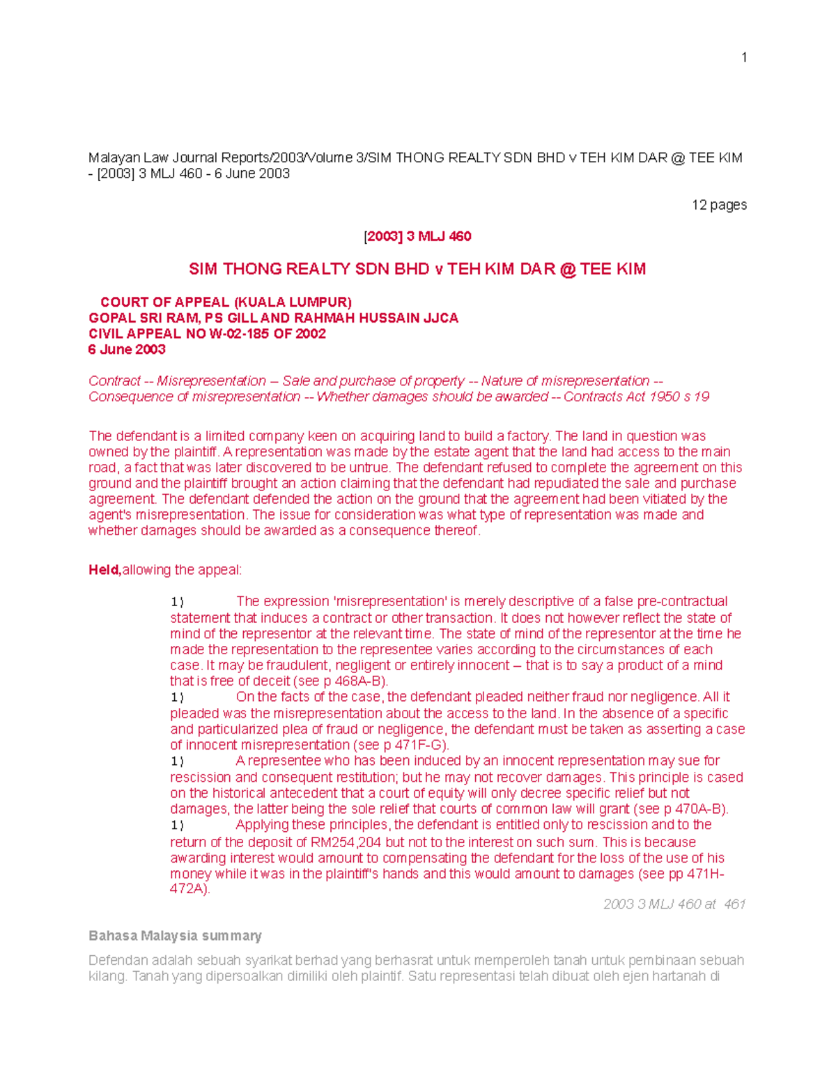Sim Thong Realty Sdn Bhd V Teh Kim Dar Tee Contract Law Unl1612 Studocu