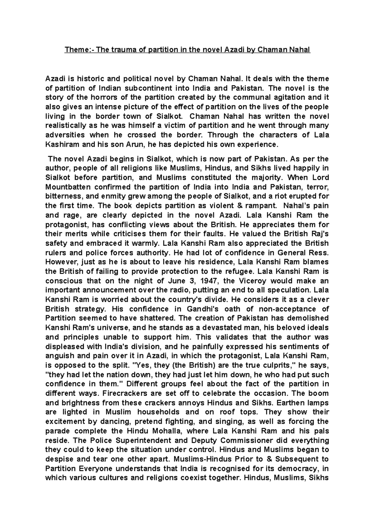 RIFE - good - Theme:- The trauma of partition in the novel Azadi by ...