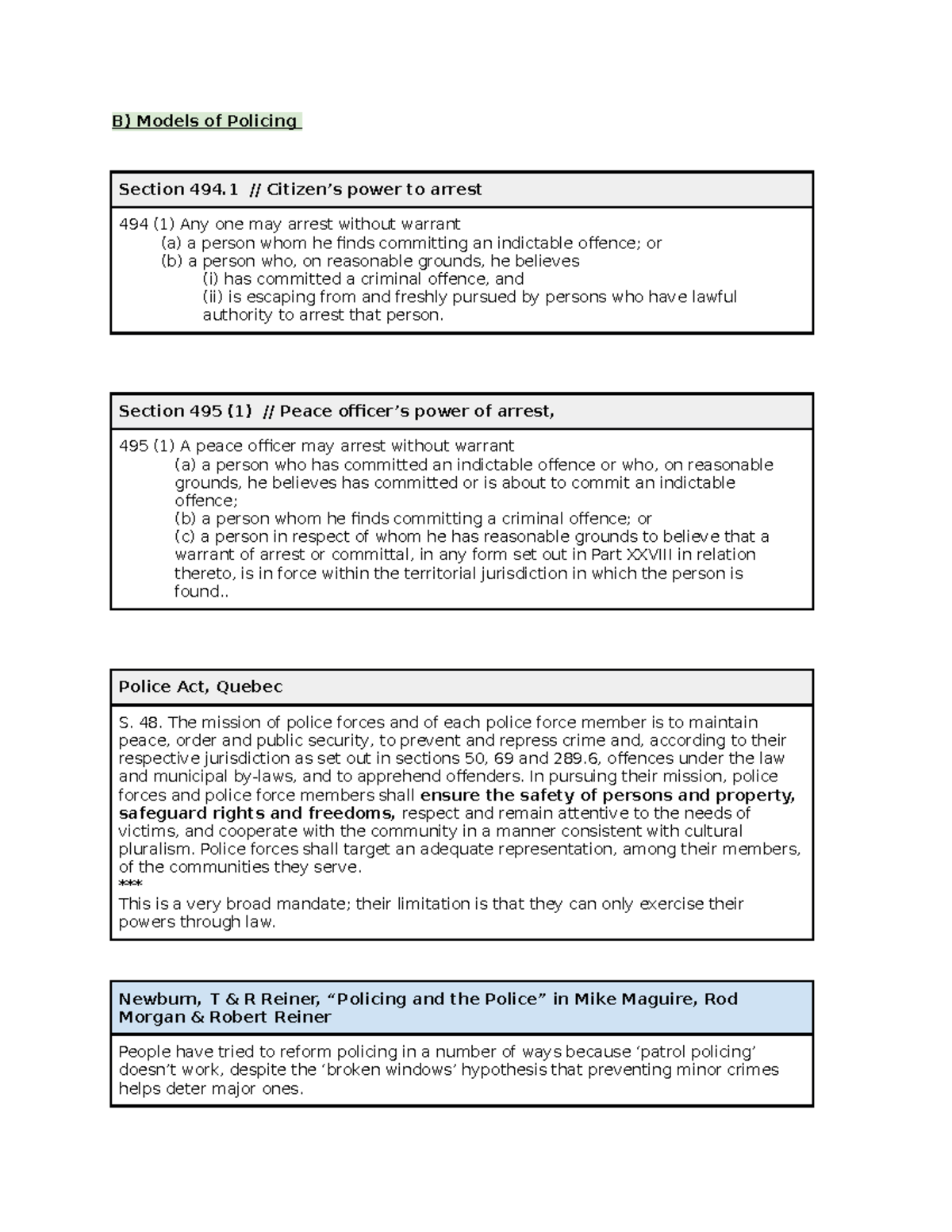 Crime Notes B - B) Models Of Policing Section 494 // Citizen’s Power To ...