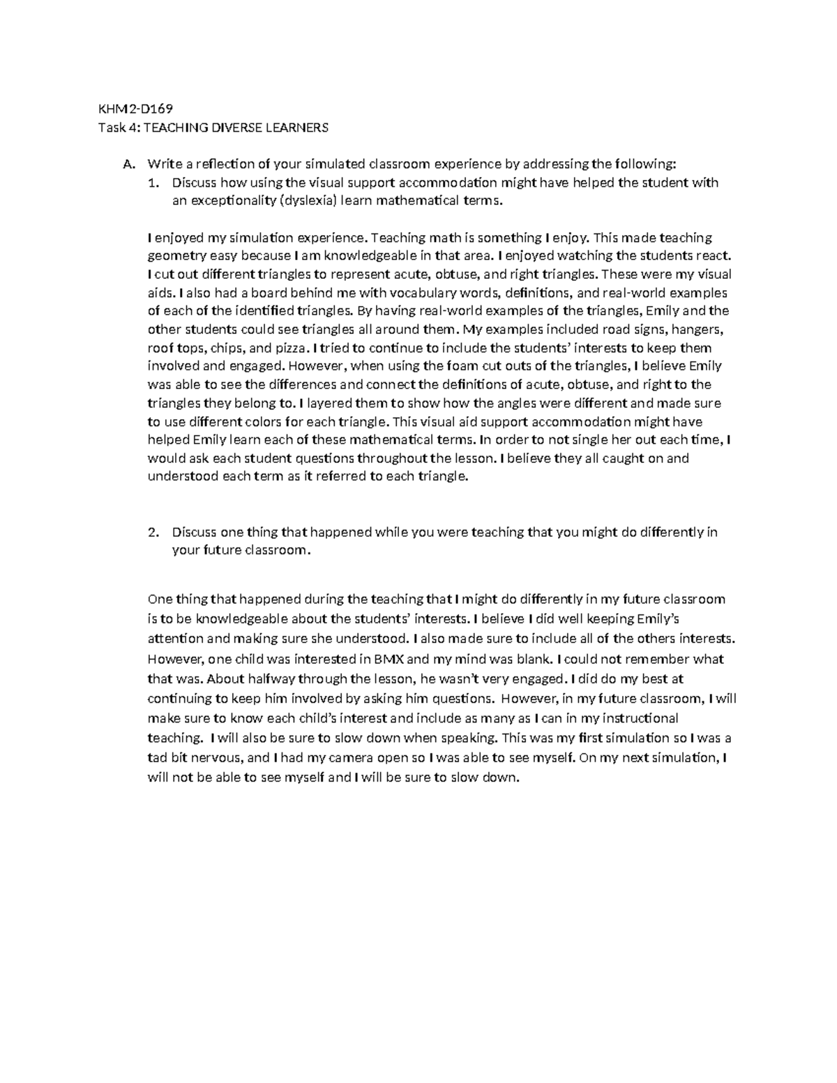 D169 - Task 2 Teaching Diverse Learners - KHM2-D Task 4: TEACHING ...