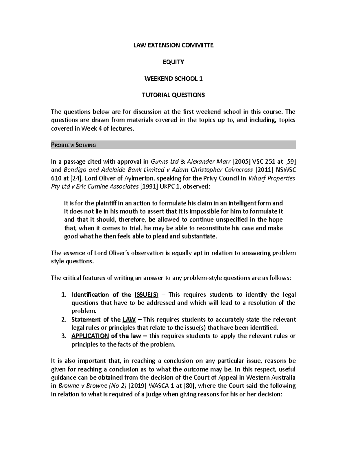 Equity LPAB Weekend School No 1 Questions LAW EXTENSION COMMITTE