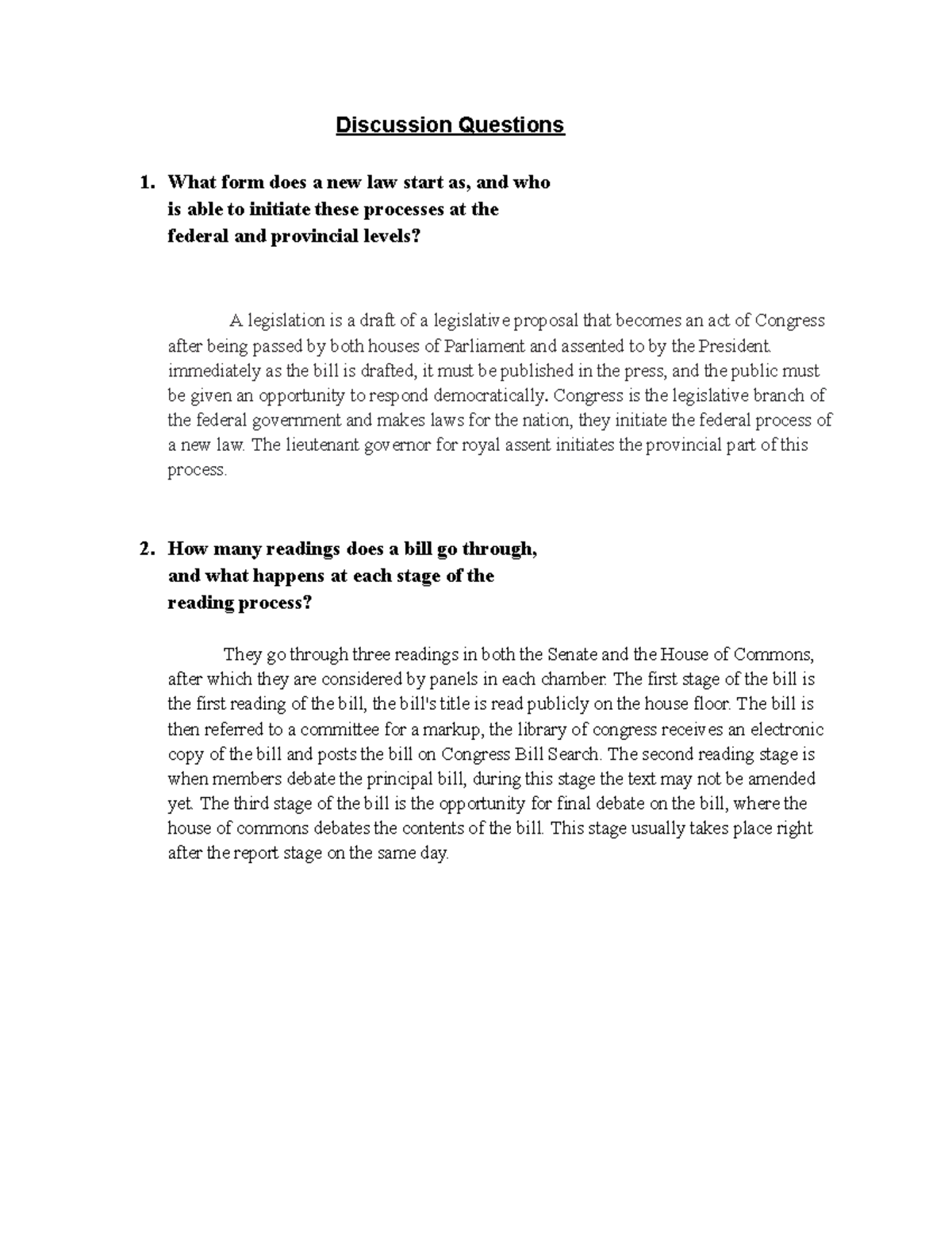 Statute Law and the Legislative Branch of governemnt Discussion