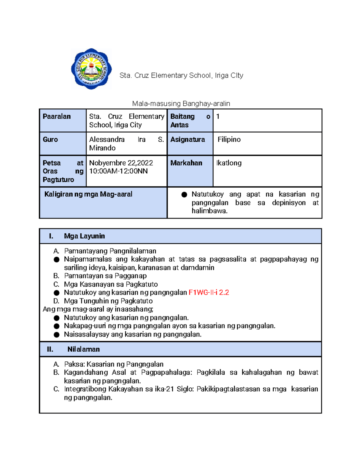 Copy of MirandoMalamasusing Banghayaralin(Pangngalan) Sta. Cruz