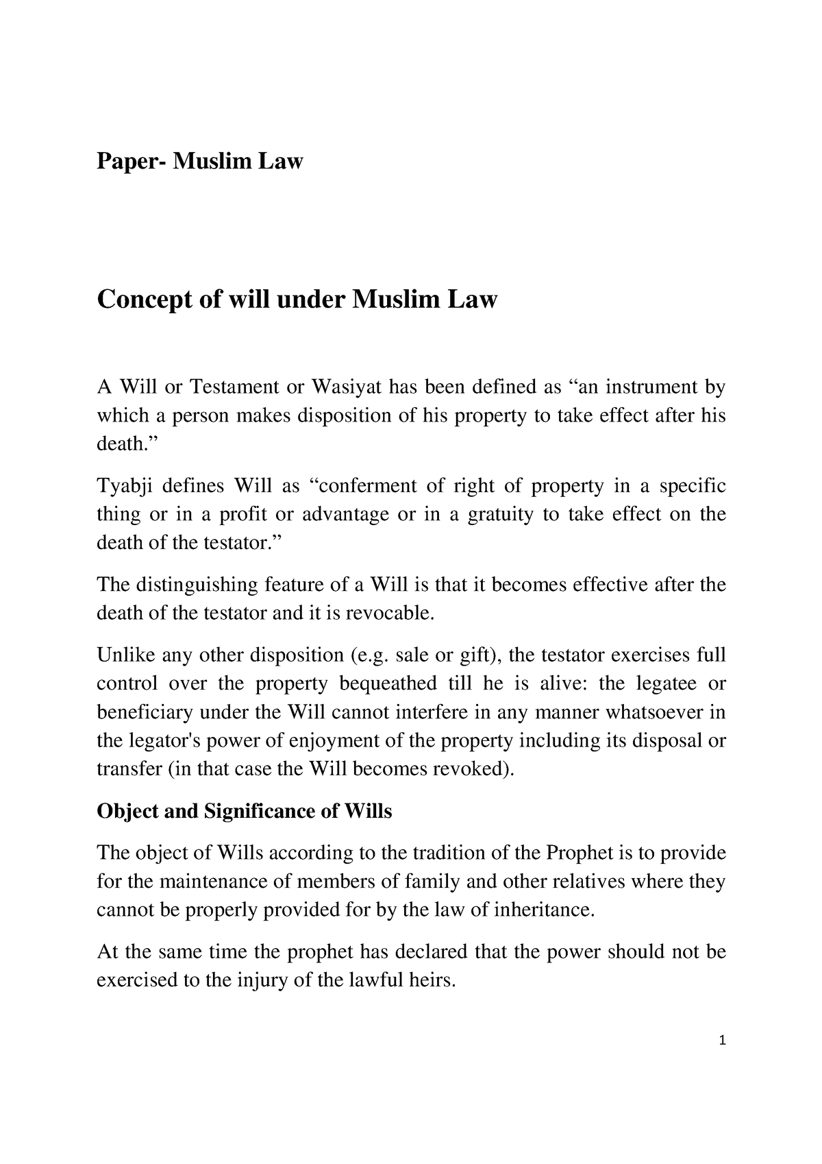 Will Under Muslim Law Paper Muslim Law Concept Of Will Under Muslim 