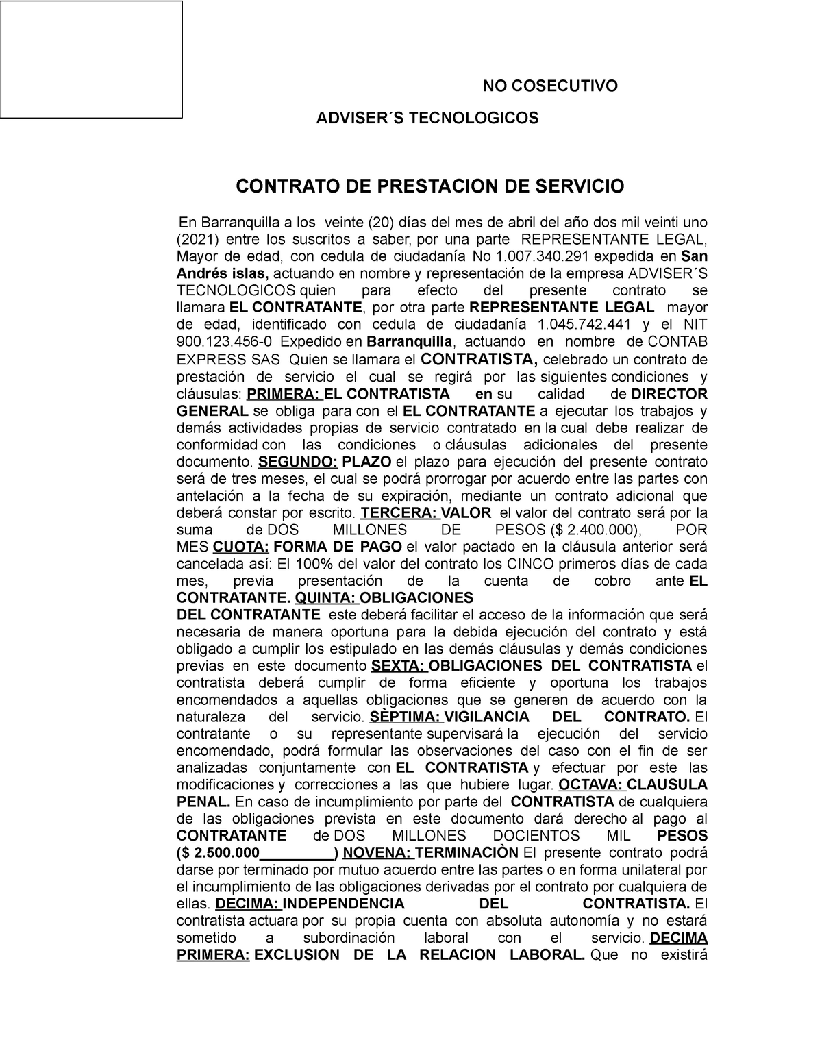 Modelo Contrato Prestación DE Servicio - NO COSECUTIVO ADVISER ́S  TECNOLOGICOS CONTRATO DE - Studocu