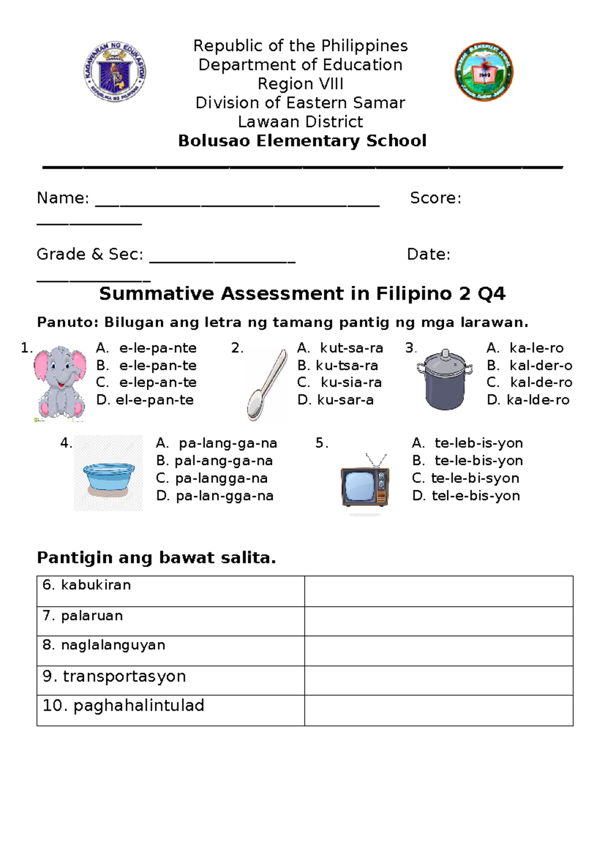 Summative TEST Filipino- docx - Republic of the Philippines Department ...