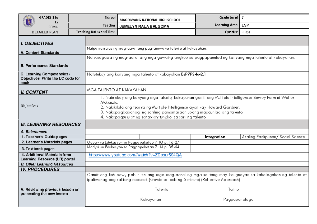 Cot es P 7F - LESSON FOR ESP 7 - GRADES 1 to 12 SEMI- DETAILED PLAN ...