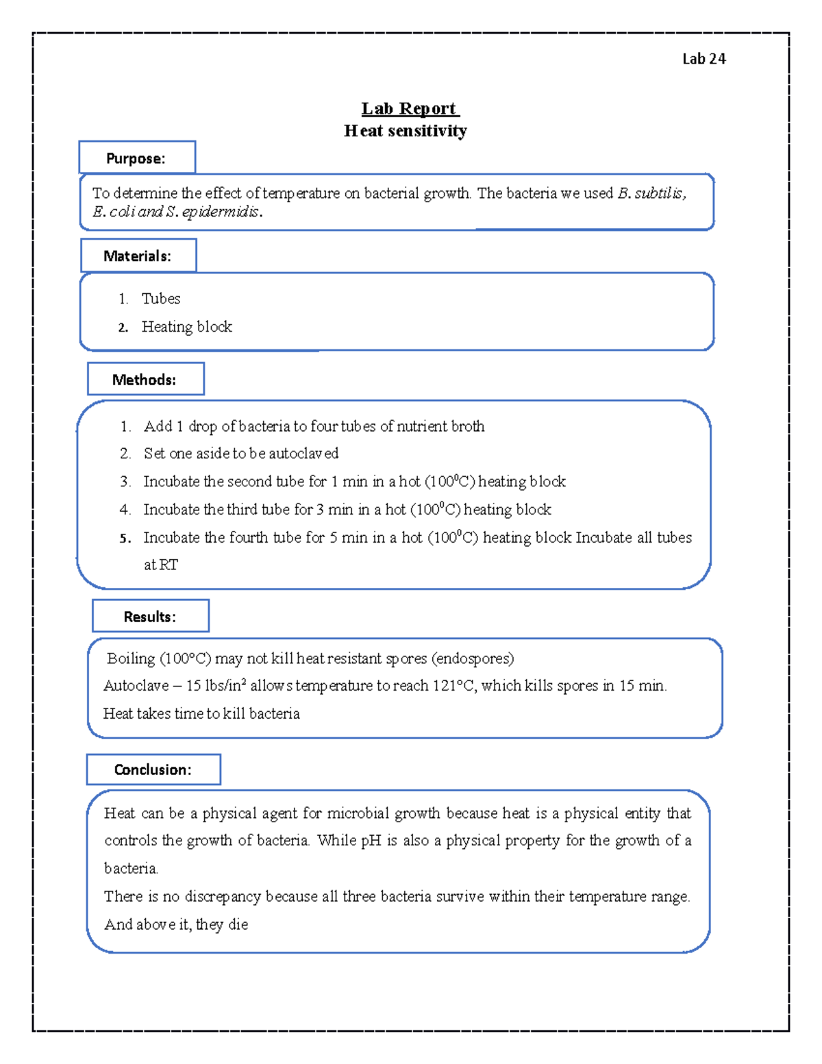 Lab report for lab 24 - Lab 24 Lab Report Heat sensitivity Purpose: To ...