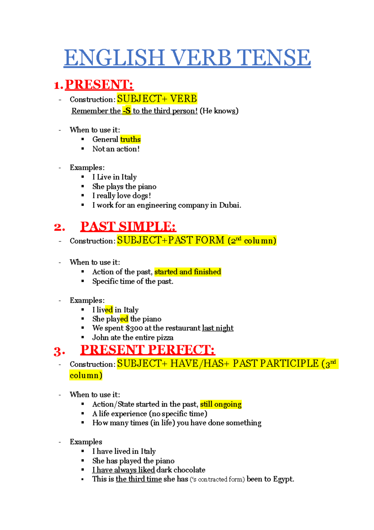 English VERB Tense - ENGLISH VERB TENSE 1: - Construction: SUBJECT+ ...
