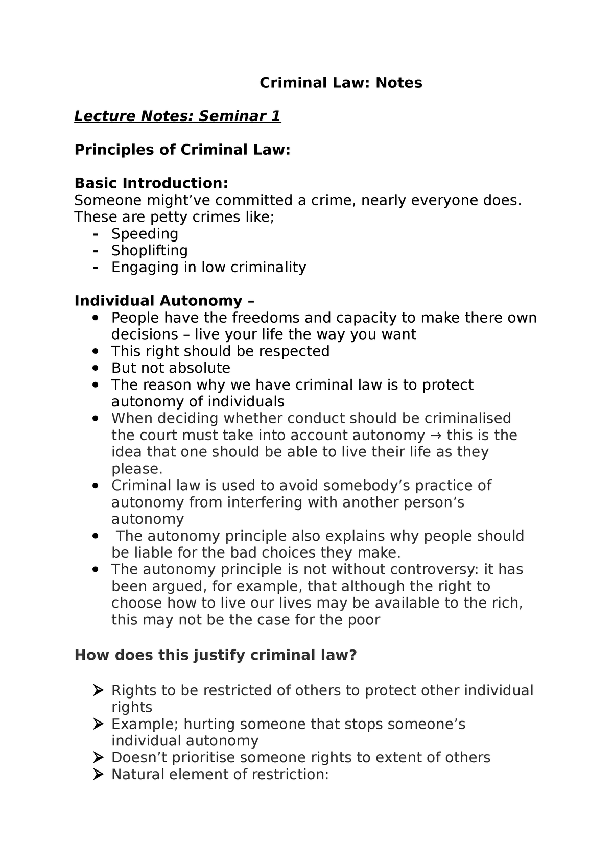 Criminal Law Lecture 1 - Criminal Law: Notes Lecture Notes: Seminar 1 ...