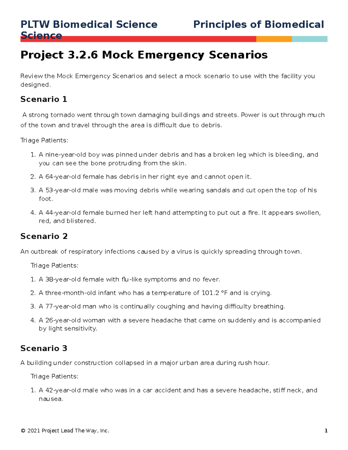 PBS 326 Mock Emergency Scenarios - PLTW Biomedical Science Principles ...