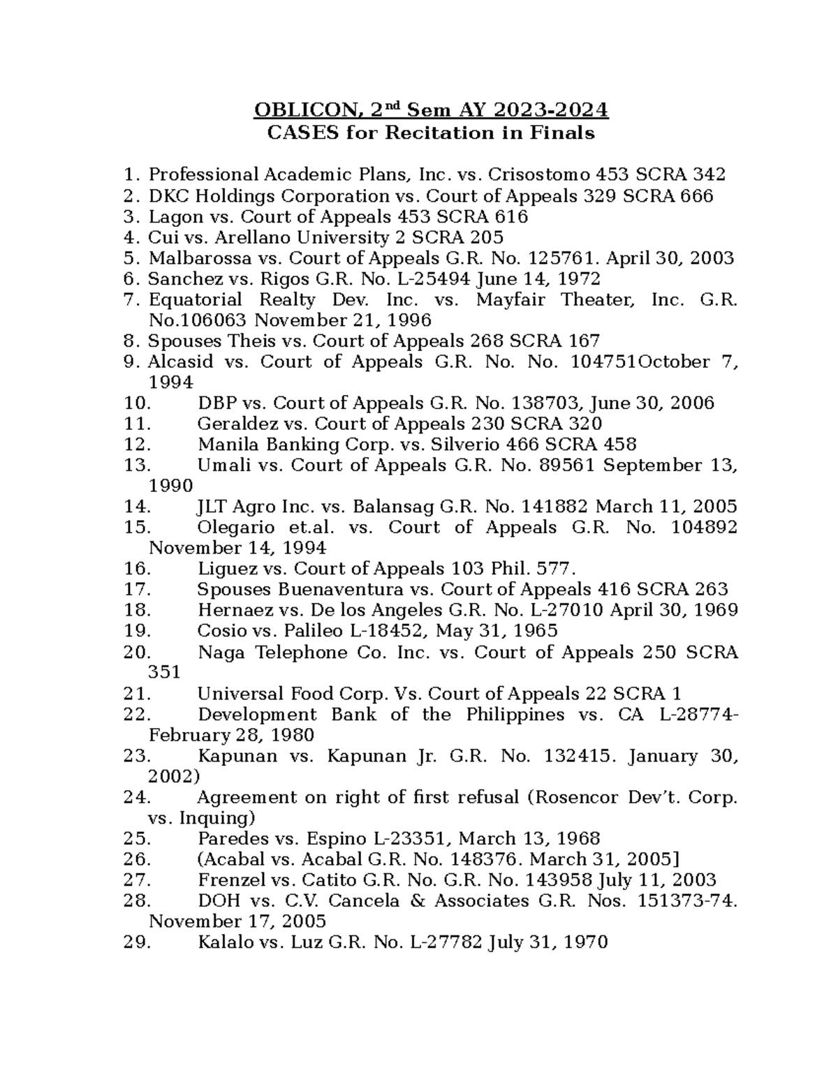 Cases for Recitation in Finals - OBLICON, 2nd Sem AY 2023- CASES for ...