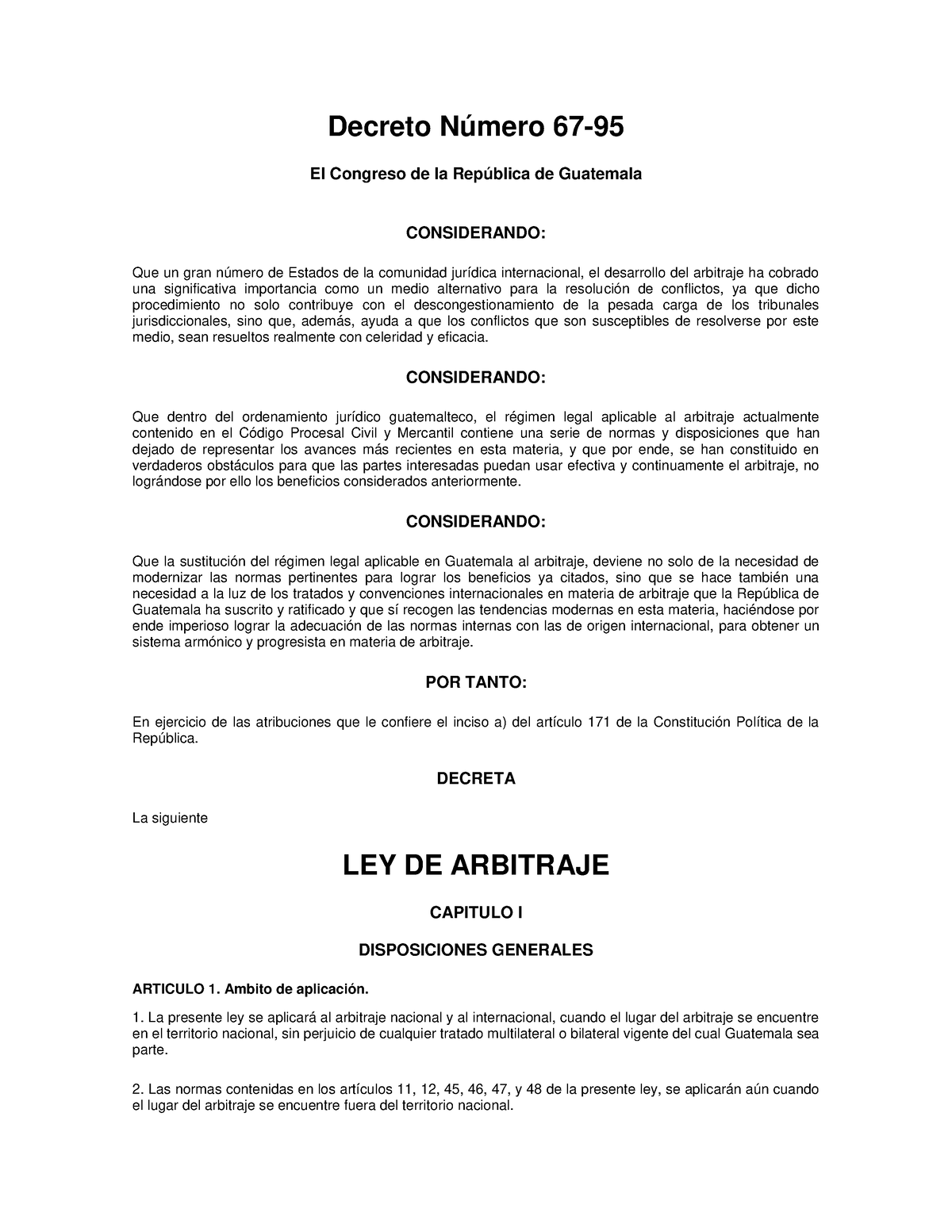 LEY DE Arbitraje Decreto 67 95 - Decreto Número 67- El Congreso De La ...