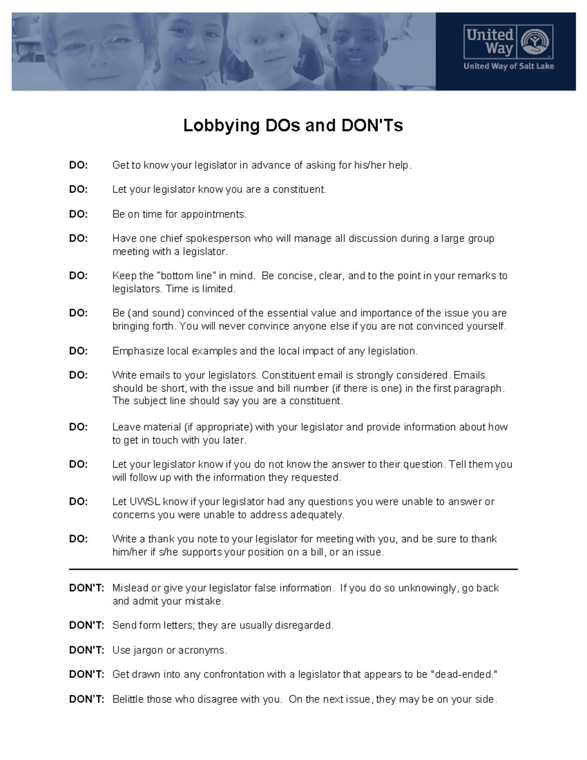 Lobbying Dos and Donts Handout - Lobbying DOs and DON'Ts DO: Get to ...