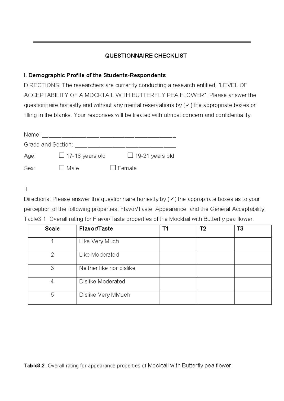 Questionnaire Checklist - level of acceptability of a mocktail with ...