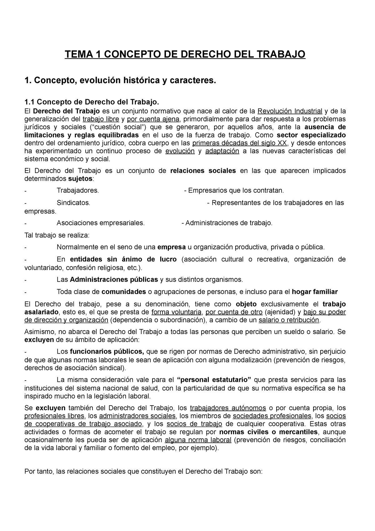 Temario LABORAL - TEMA 1 CONCEPTO DE DERECHO DEL TRABAJO 1. Concepto ...