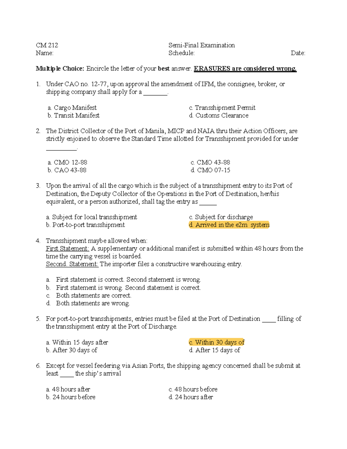 CM-212-Semi-Final-Exam - Name: Schedule: Date: Multiple Choice ...