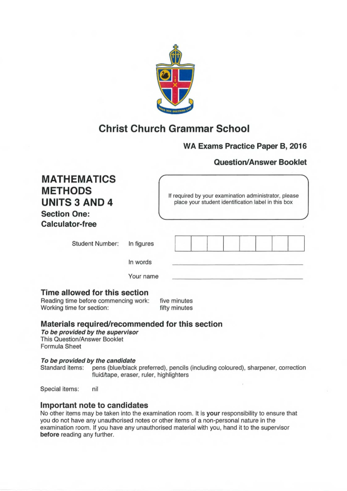 Methods U3 4 WA Exam Prac Paper B - Christ Church Grammar School WA ...