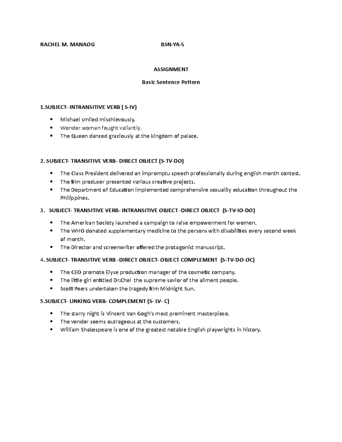 Rachel M - basic sentence pattern samples - RACHEL M. MANAOG BSN-YA ...