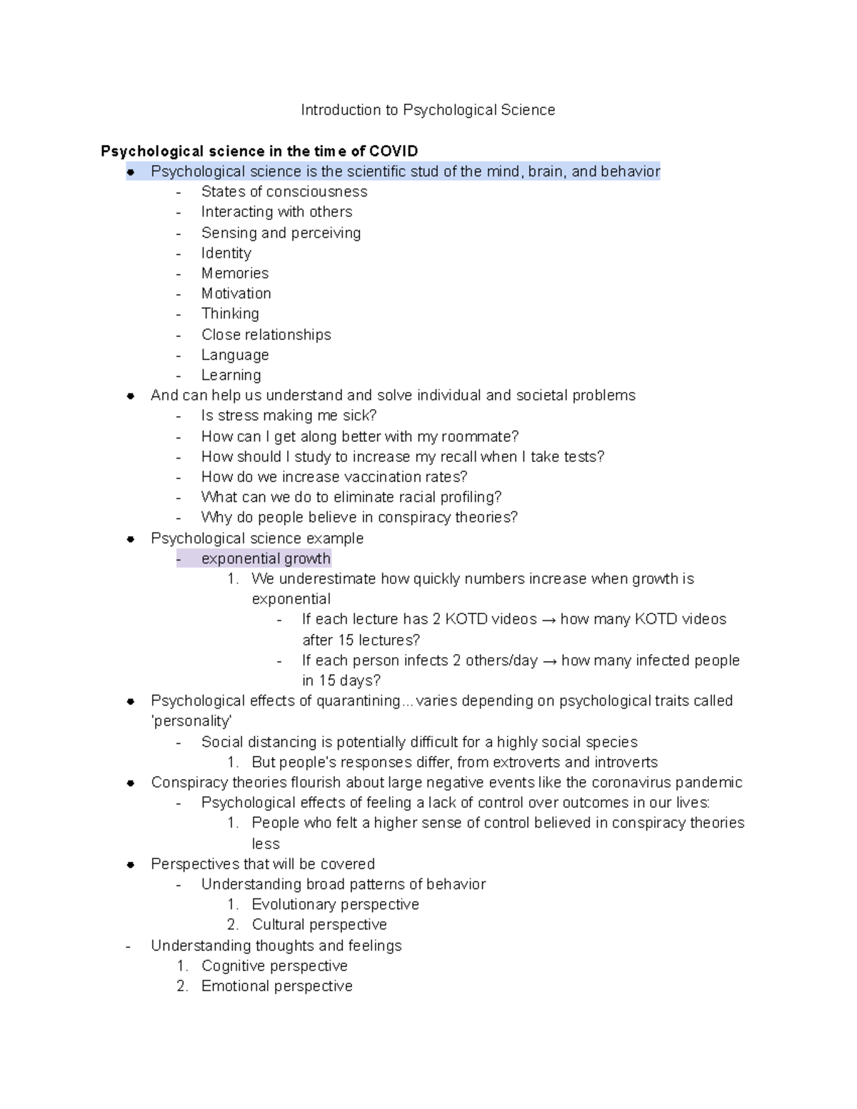 Psych Week 1 - Introduction To Psychological Science Psychological ...