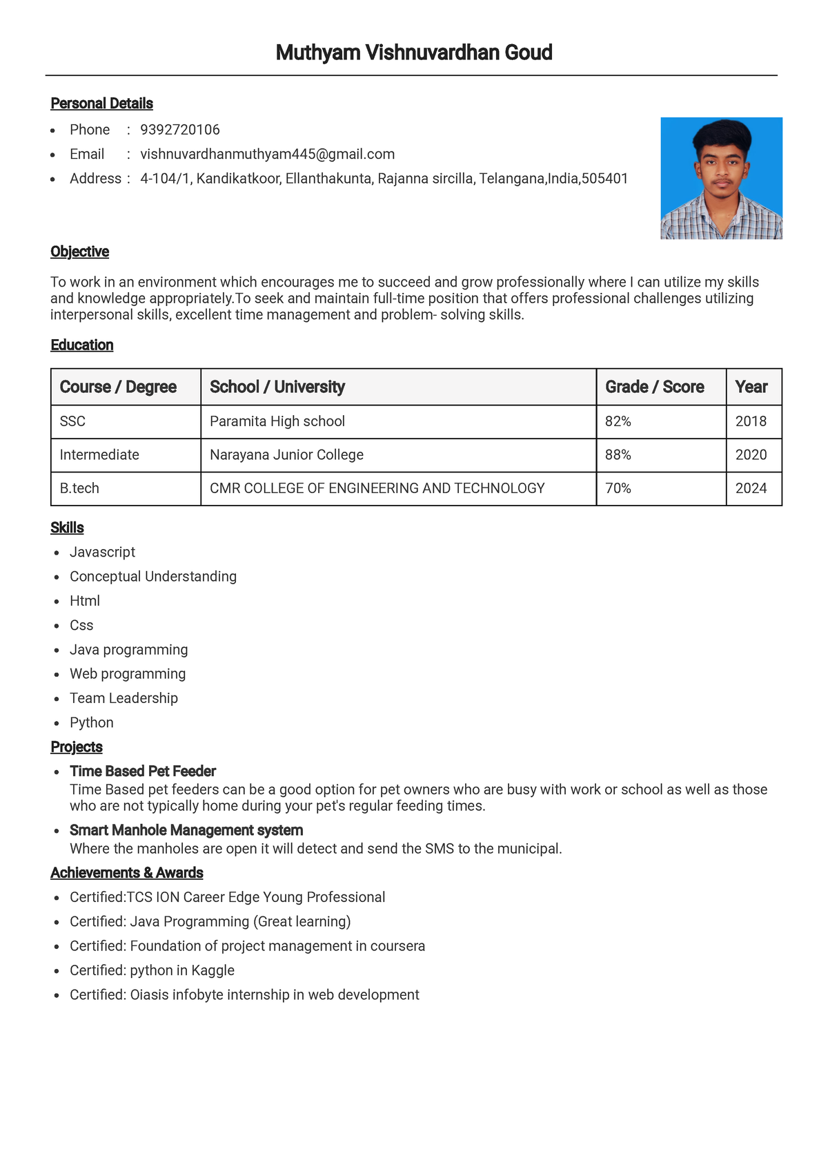 Vishnuvardhan ( Resume) - Electronics and Communication Engineering ...