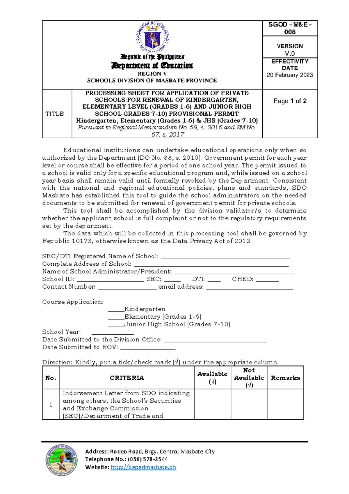 008-met-renewal-of-permit - Address: Rodeo Road, Brgy. Centro, Masbate ...