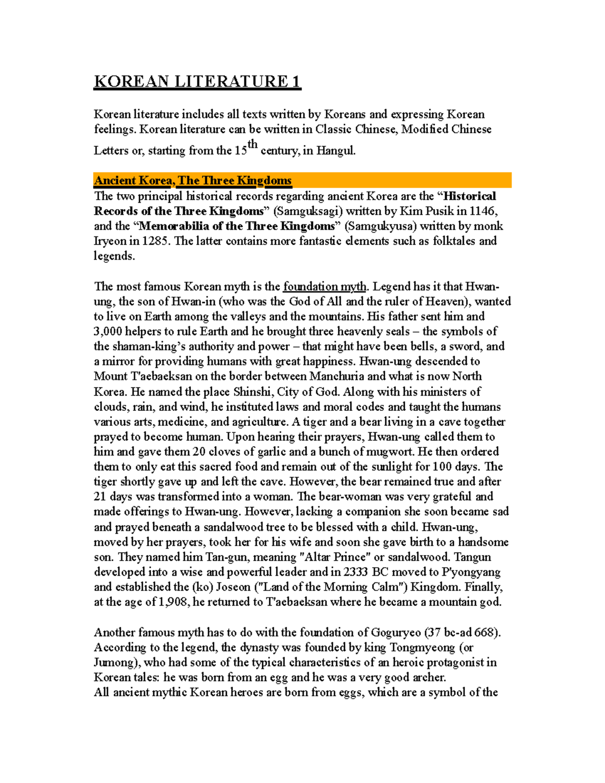 Korean Literature 1 Appunti di Letteratura Coreana 1 con la