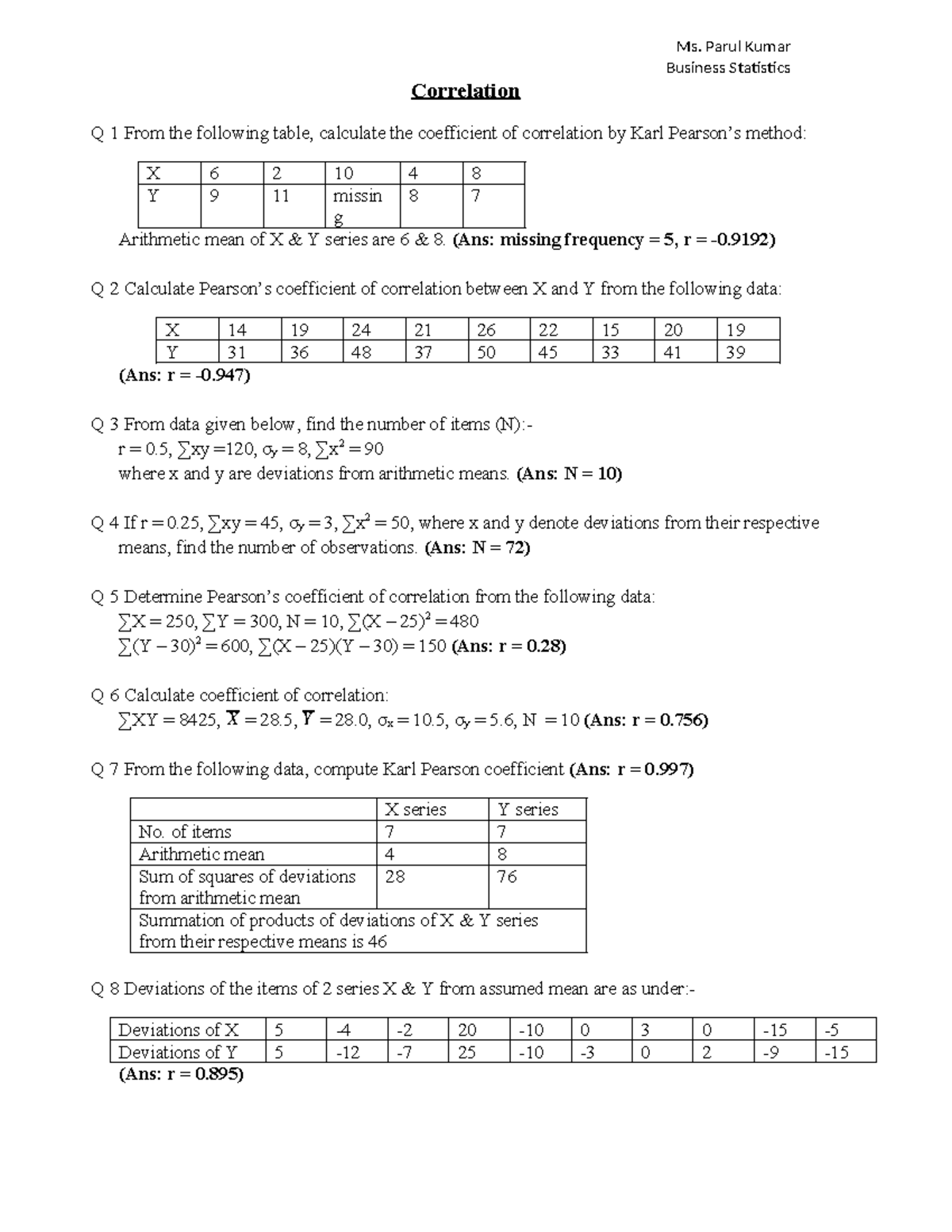 Corelation & regression Q - Business Statistics Correlation Q 1 From ...