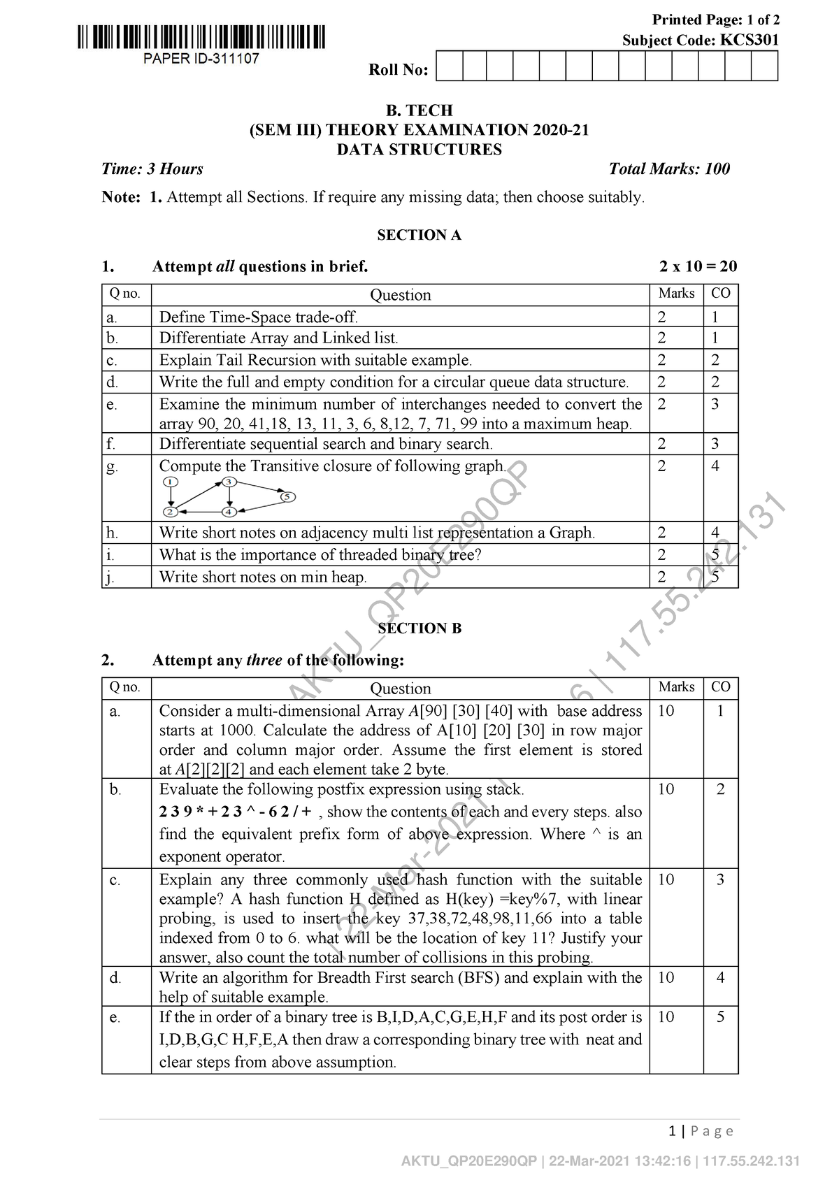 Data Structures Kcs 301 1 Aktu Qp20e290qp 22 Mar 2021 13 42 16 117 Aktu Qp20e290qp