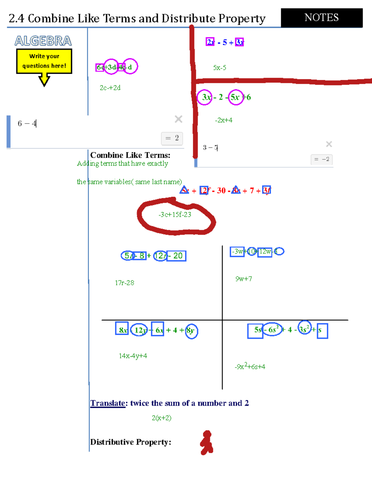 Algebra 2.2 Combine Like Terms and Distribute Property - Write your ...