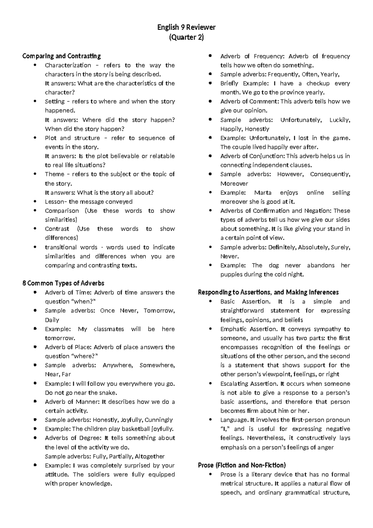 English 9 Reviewer - English 9 Reviewer (Quarter 2) Comparing and ...