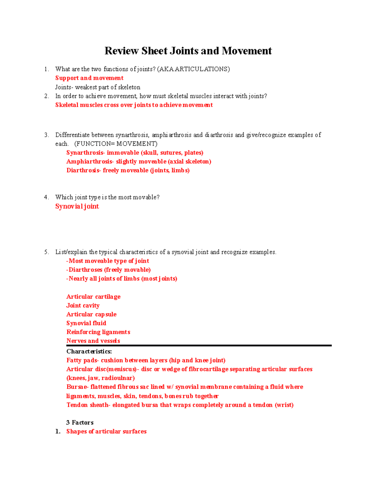 Chapter 89 reviews Review Sheet Joints and movement Review Sheet