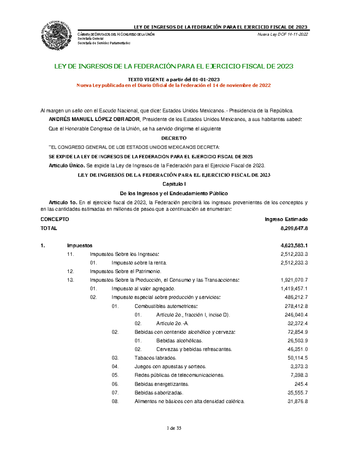 LEY DE Ingresos DE LA Federación PARA EL Ejercicio Fiscal DE 2023 ...