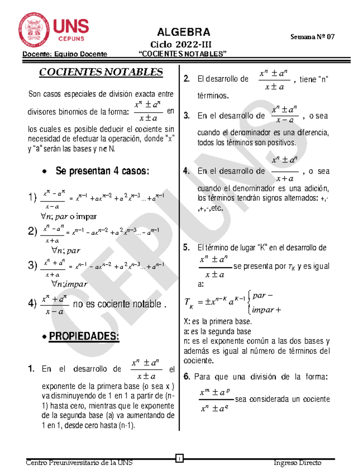 Algebra SEM 07 - 2022 III - 1 ####### ALGEBRA ####### Ciclo 2022-III ...