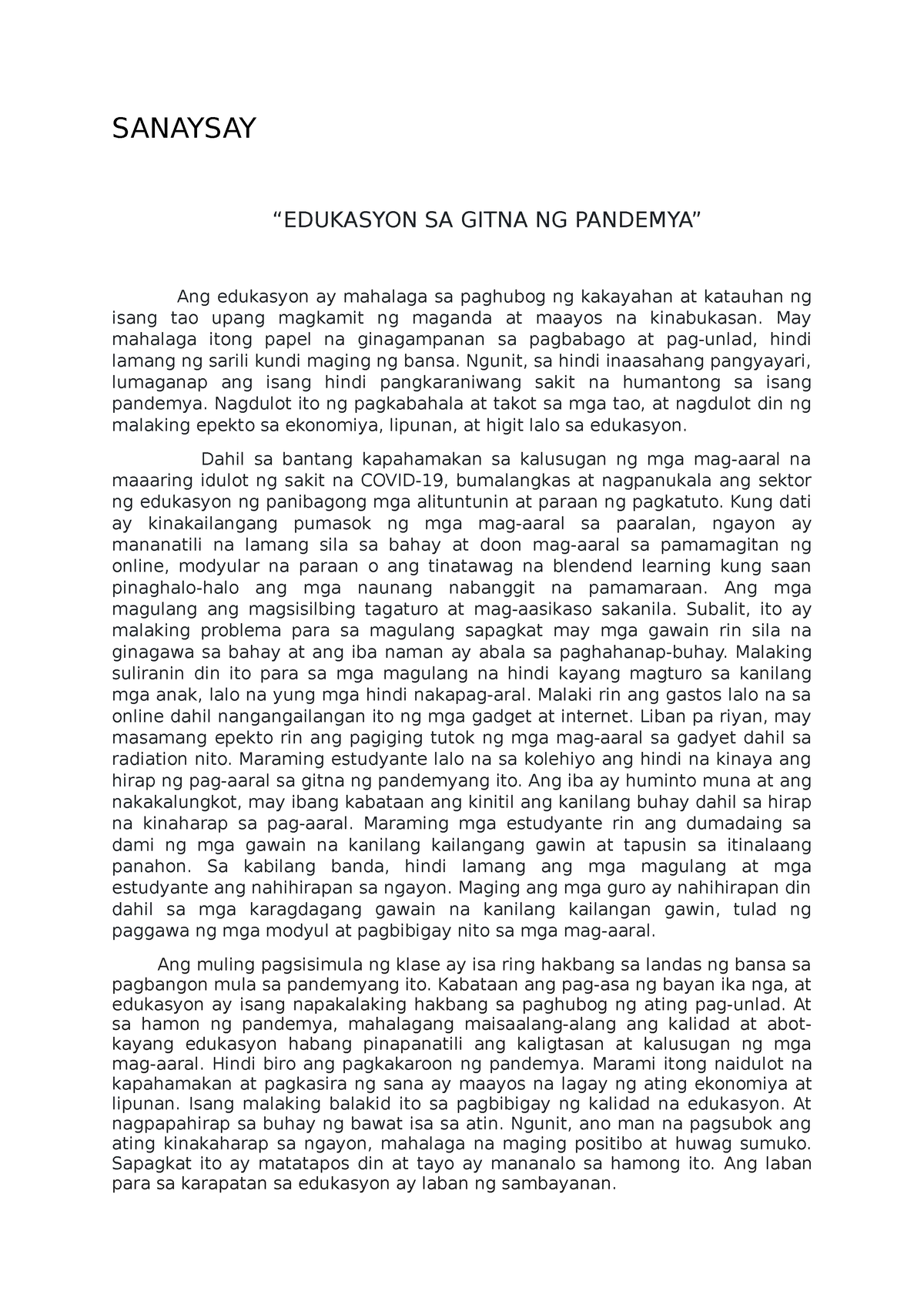 Sanaysay Fq3 Edukasyon Sa Gitna Ng Pandemya Sanaysay “edukasyon Sa Gitna Ng Pandemya” Ang 0504